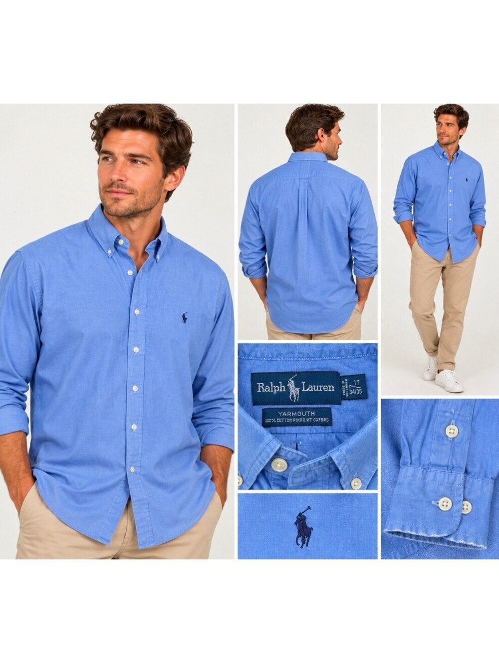 Ralph Lauren Yarmouth Mens 17 34/35 Blue Pinpoint Oxford Button Down Shirt Pony